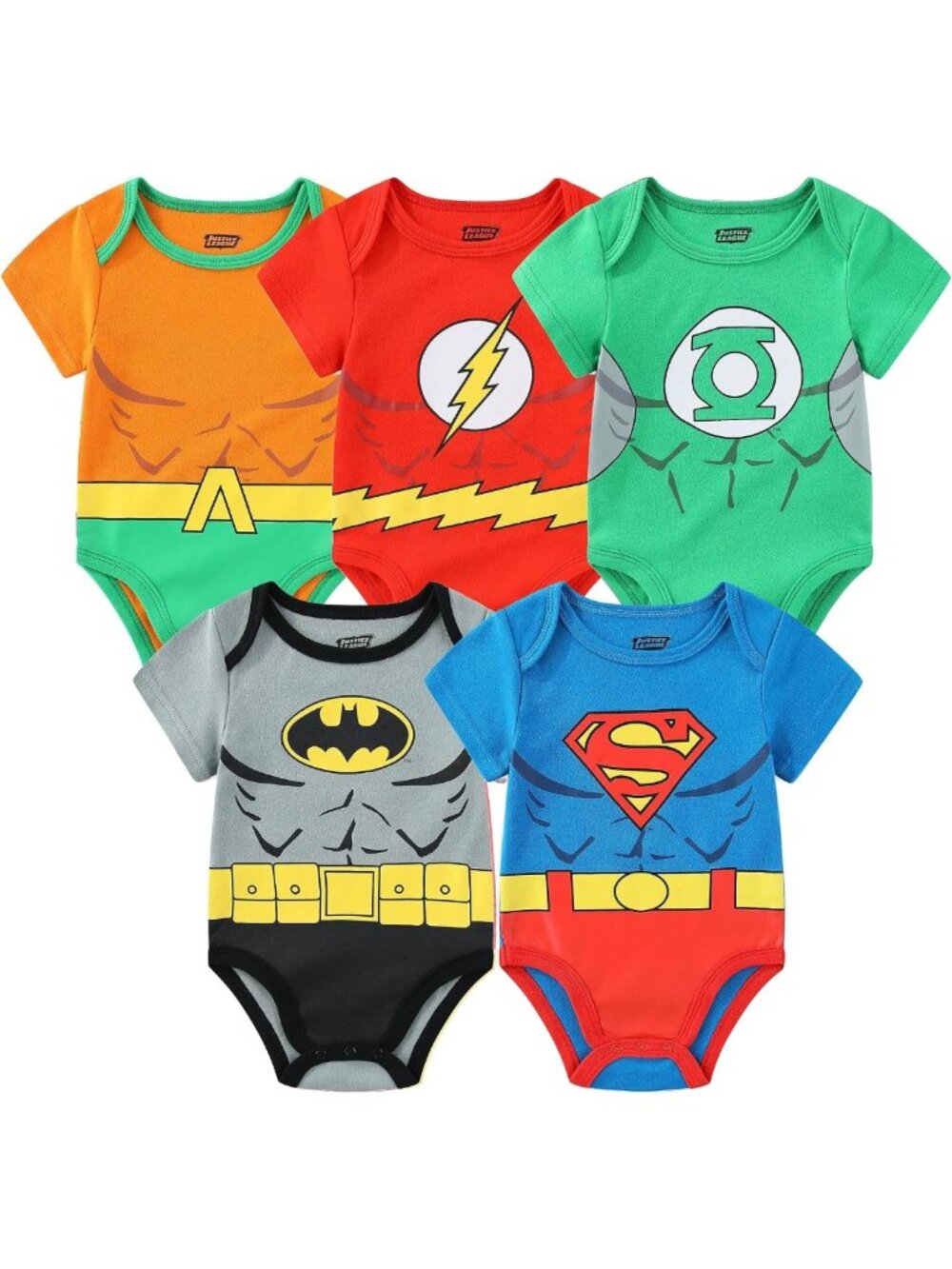 Superhero Baby Boys 5-Pack Creepers - Batman, Superman, Flash, Aquaman, Green